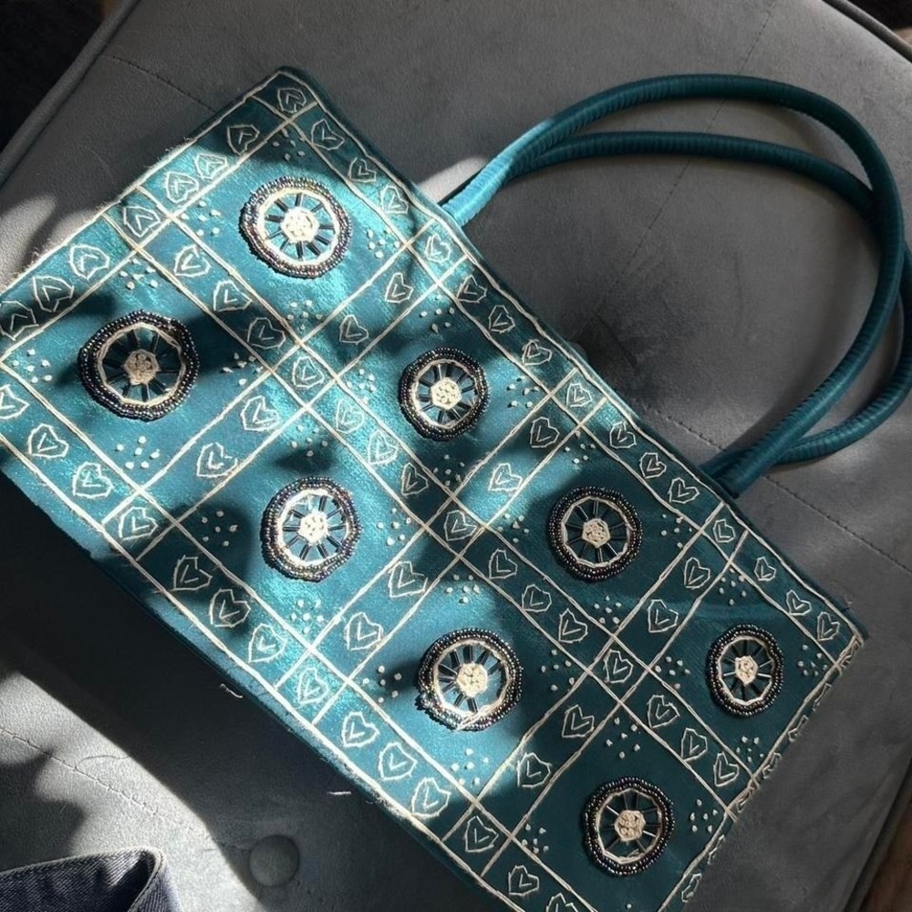 Vintage handmade beaded teal handbag